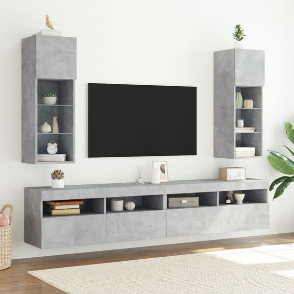 vidaXL Mobili TV con Luci LED 2pz Grigio Cemento 30,5x30x90 cm