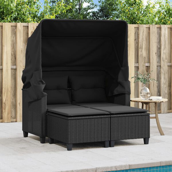 vidaXL Divano Giardino 2 Posti Baldacchino e Sgabelli Nero Polyrattan