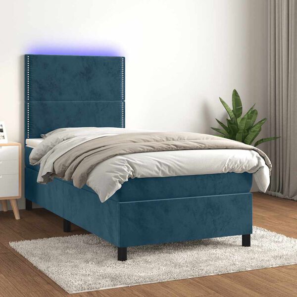 vidaXL Letto a Molle con Materasso e LED Blu Scuro 90x190cm in Velluto
