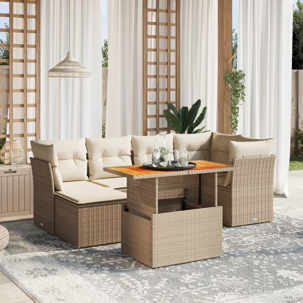 vidaXL Set Divani da Giardino 7 pz con Cuscini Beige in Polyrattan