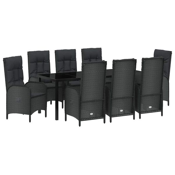 vidaXL Set da Pranzo per Giardino con cuscino 9 pcs Nero polyrattan