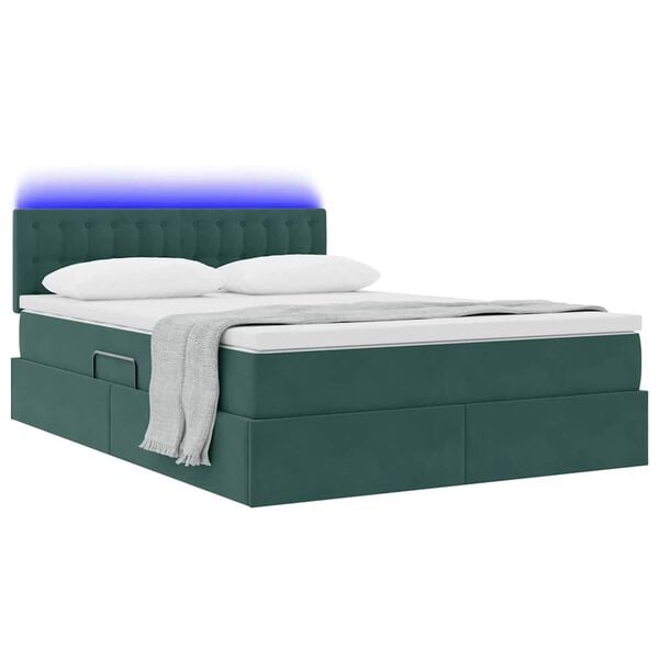 vidaXL Letto con contenitore e LED Verde Scuro 140 x 200 cm Velluto