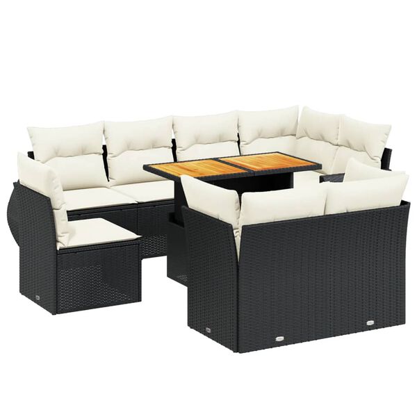 vidaXL Set Divani da Giardino 9 pz con Cuscini Nero in Polyrattan