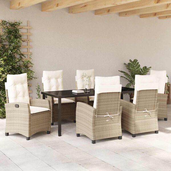 vidaXL Set da Pranzo per Giardino con cuscino 7 pcs Beige polyrattan