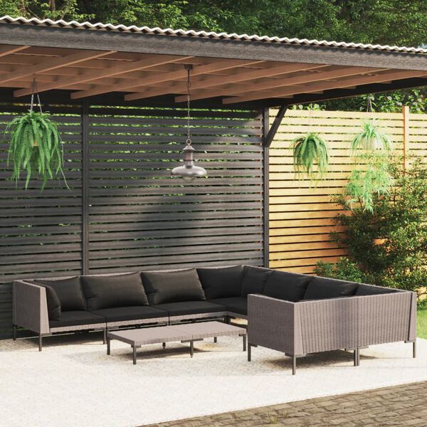 vidaXL Set Divani da Giardino 9 pz con Cuscini Polyrattan Grigio Scuro