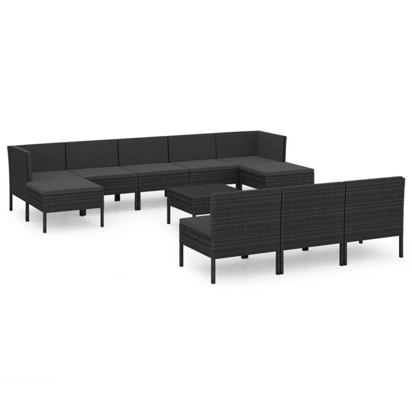 vidaXL Set Divani da Giardino 11 pz con Cuscini in Polyrattan Nero