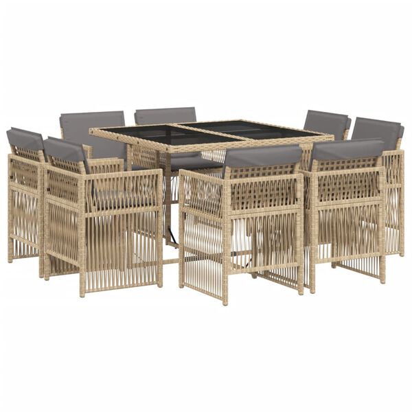 vidaXL Set Pranzo da Giardino 9 pz con Cuscini Beige Misto Polyrattan