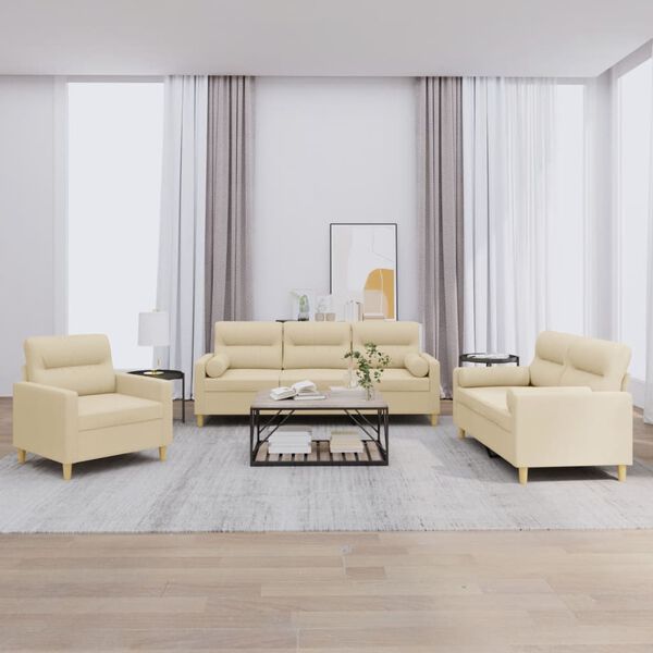 vidaXL Set Divani 3 pz con Cuscini Crema in Tessuto