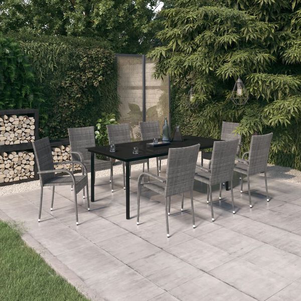 vidaXL Set da Pranzo per Giardino 9 pz con Cuscini Grigio e Nero