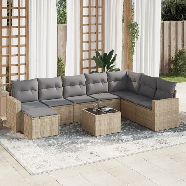 vidaXL Set Divano da Giardino 9 pz con Cuscini Beige in Polyrattan