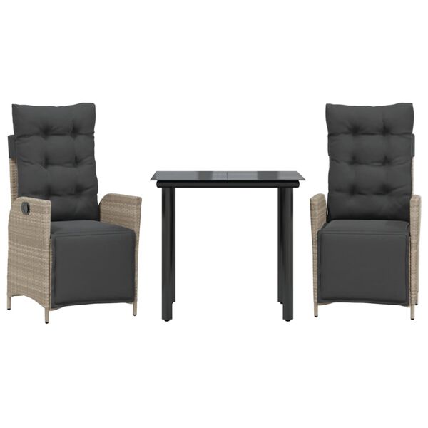 vidaXL Set Pranzo da Giardino 3pz con Cuscini Grigio Chiaro Polyrattan