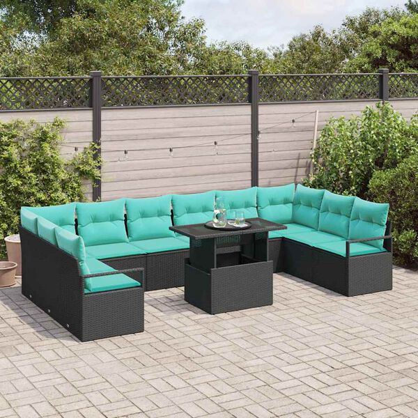 vidaXL Set Divano da Giardino con cuscino 11 pcs Nero e blu polyrattan