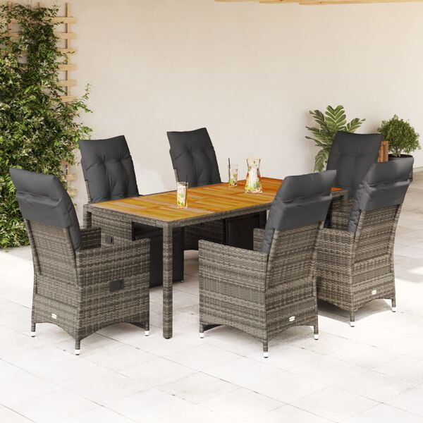vidaXL Set Bistr&ograve; da Giardino 7 pz con Cuscini in Polyrattan Grigio