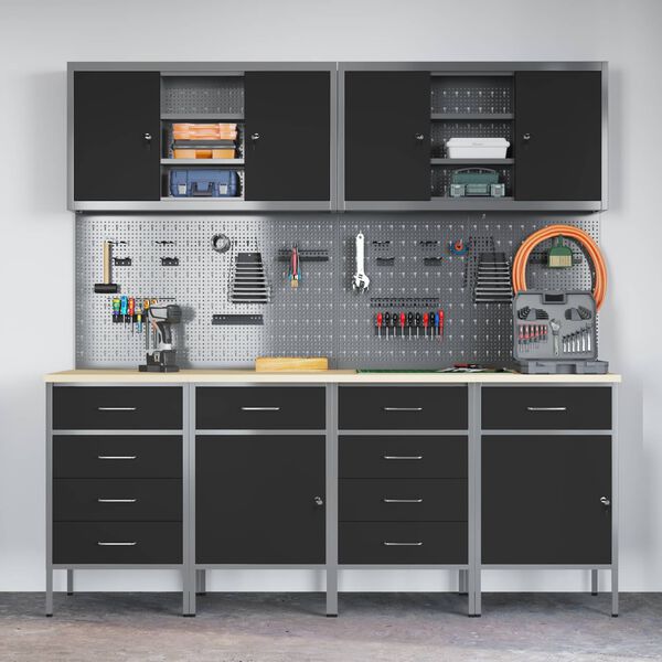 vidaXL Mobile da lavoro 10 pcs Nero Legno ingegnerizzato e acciaio