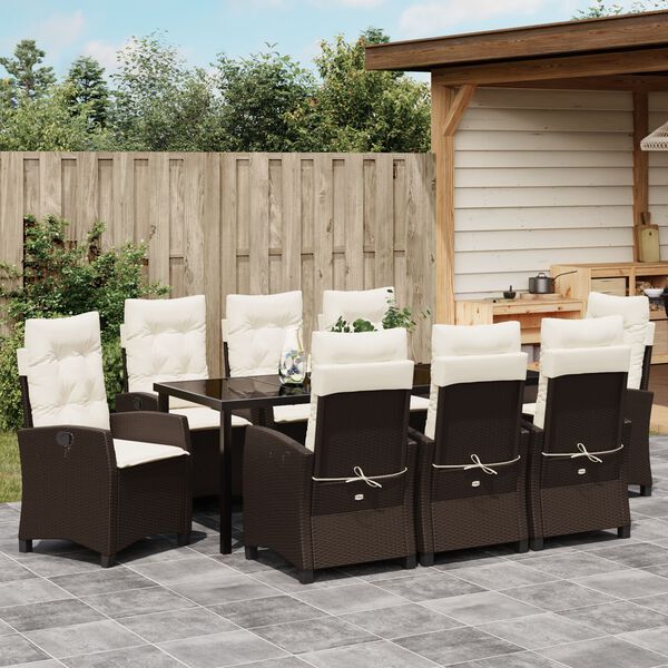 vidaXL Set da Pranzo per Giardino con cuscino 9 pcs Marrone polyrattan