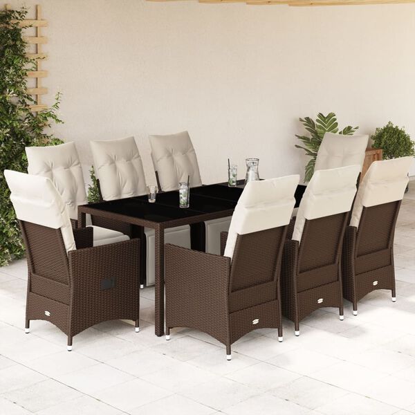 vidaXL Set Bistr&ograve; da Giardino 9 pz con Cuscini in Polyrattan Marrone