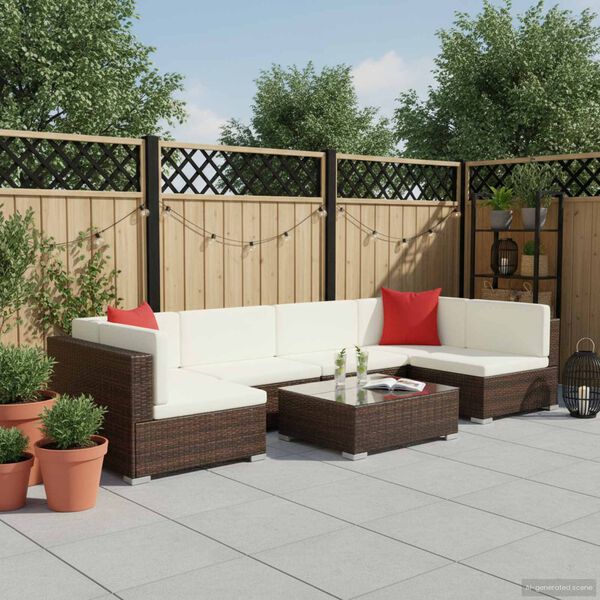 vidaXL Set Divani da Giardino 7 pz con Cuscini in Polyrattan Marrone