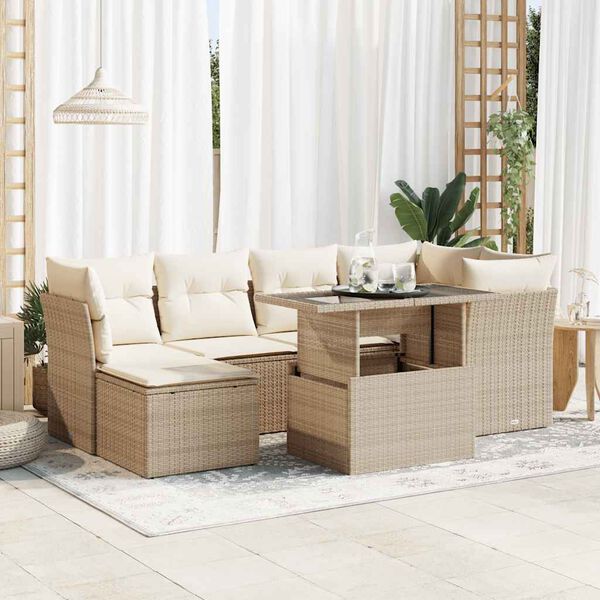 vidaXL Set Divani da Giardino 7 pz con Cuscini Beige in Polyrattan