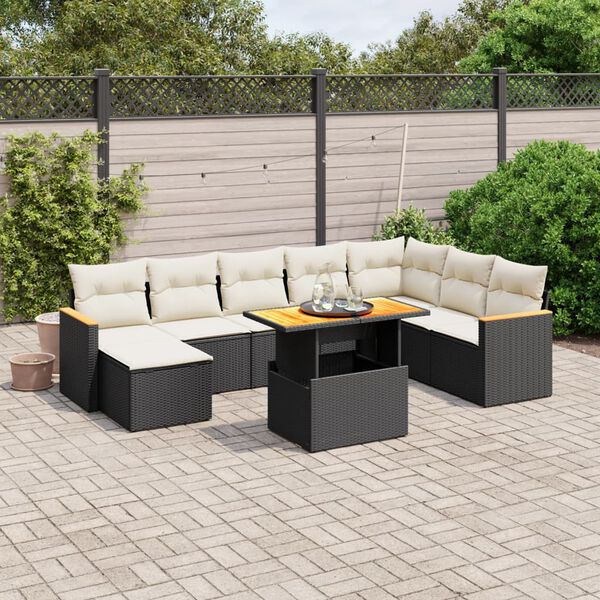 vidaXL Set Divani da Giardino 9 pz con Cuscini Nero in Polyrattan