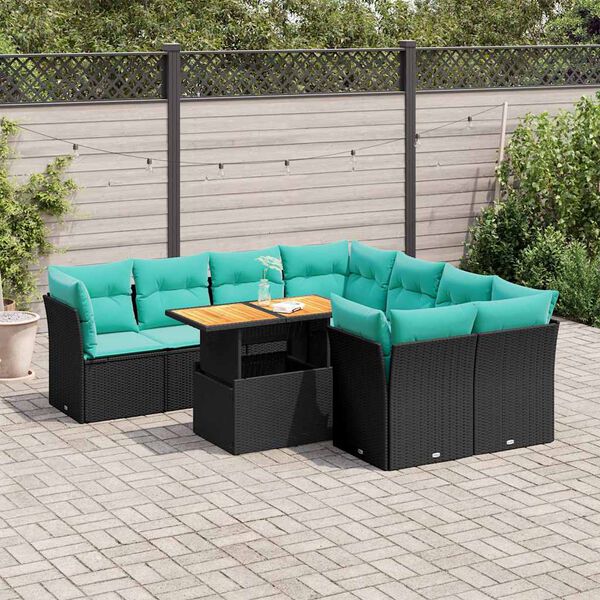 vidaXL Set Divani da Giardino 9 pz con Cuscini Nero in Polyrattan