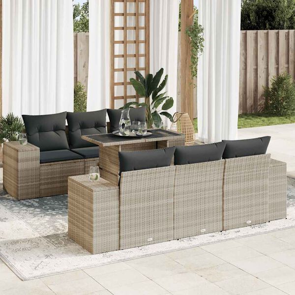 vidaXL Set Divani da Giardino 7pz con Cuscini Grigio Chiaro Polyrattan