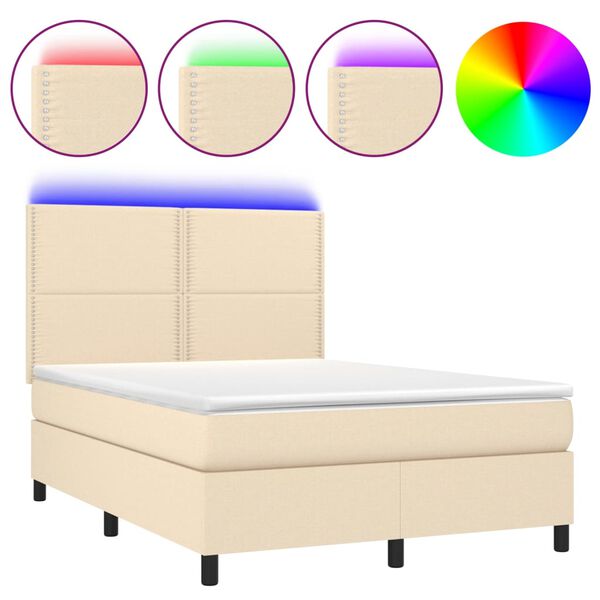 vidaXL Letto a Molle con Materasso e LED Crema 140x190 cm in Tessuto