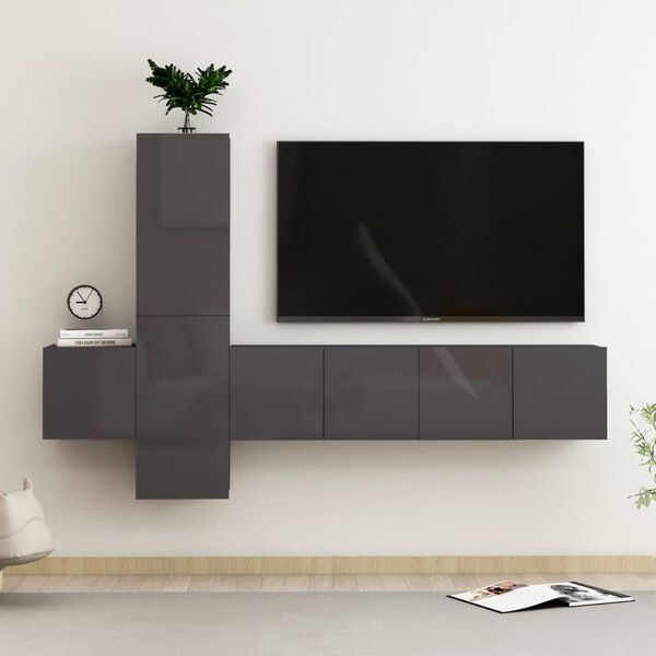 vidaXL Set Mobili TV 5 pz Grigio Lucido in Legno Multistrato