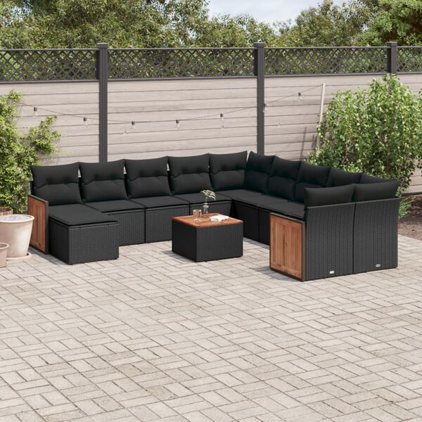 vidaXL Set Divani da Giardino 12 pz con Cuscini Nero in Polyrattan
