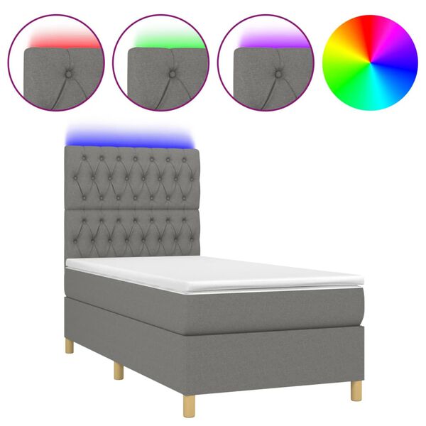 vidaXL Letto a Molle Materasso e LED Grigio Scuro 80x200 cm in Tessuto