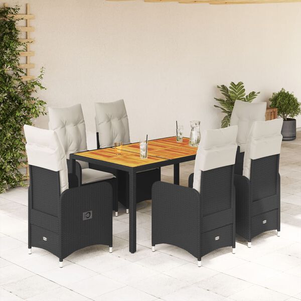 vidaXL Set da Bistr&ograve; da Giardino 7 pz con Cuscini Nero in Polyrattan