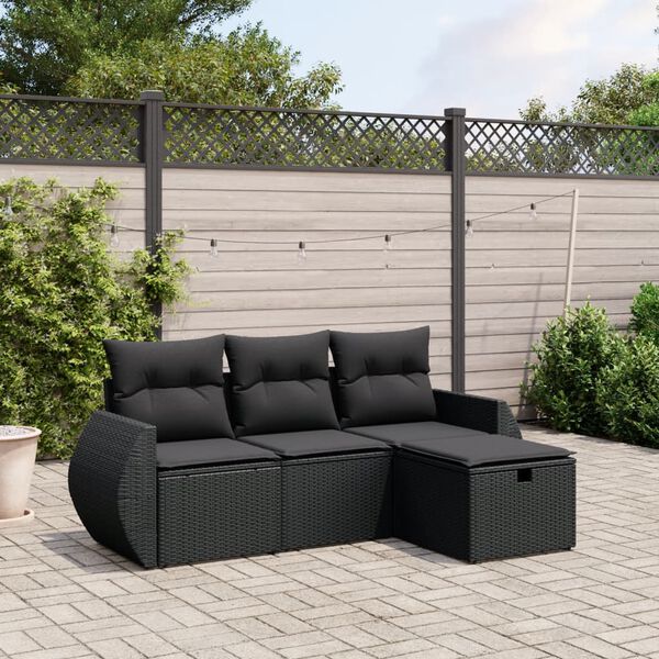 vidaXL Set Divani da Giardino 4 pz con Cuscini Nero in Polyrattan