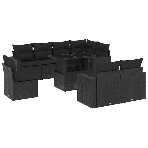 vidaXL Set Divani da Giardino 9 pz con Cuscini Nero in Polyrattan