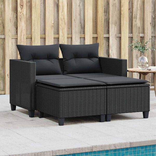 vidaXL Divano da Giardino 2 Posti con Sgabelli Nero in Polyrattan