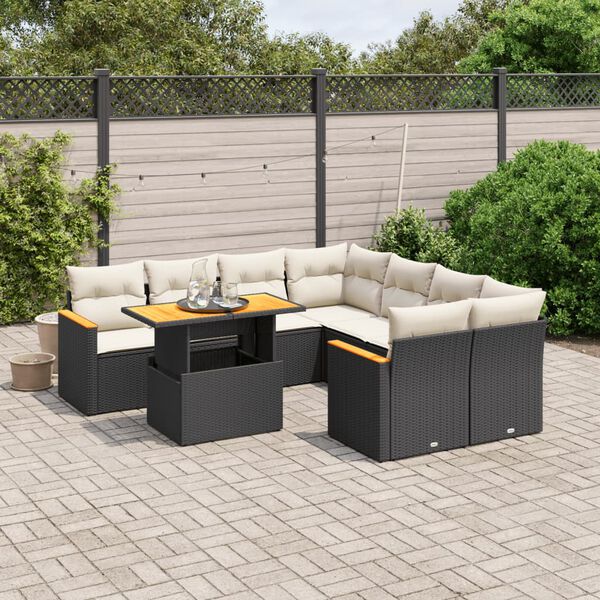 vidaXL Set Divani da Giardino 9 pz con Cuscini Nero in Polyrattan