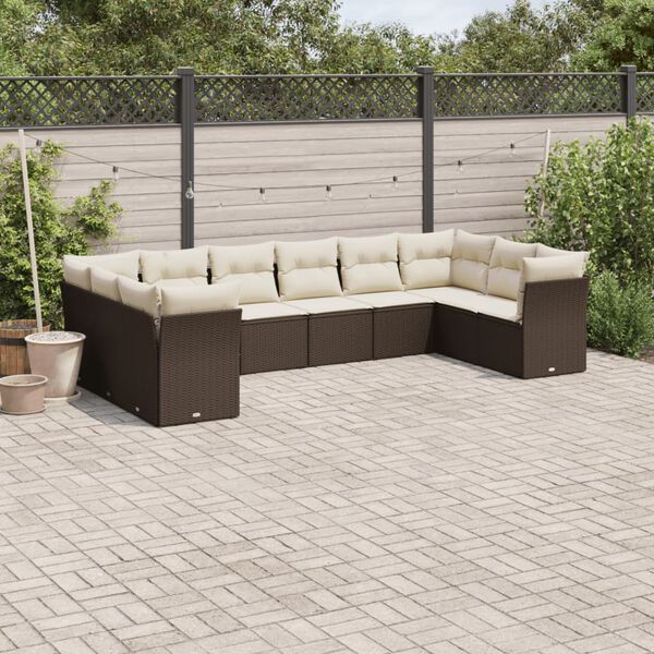 vidaXL Set Divani da Giardino 10pz con Cuscini in Polyrattan Marrone