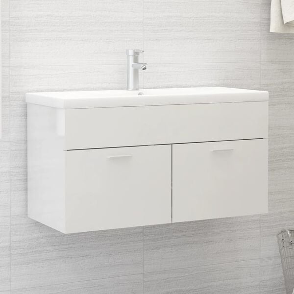 vidaXL Mobile Lavabo Bianco Lucido 90x38,5x46 cm in Legno Multistrato