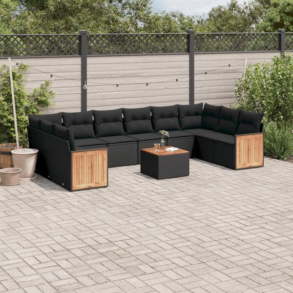 vidaXL Set Divani da Giardino 11 pz con Cuscini in Polyrattan Nero