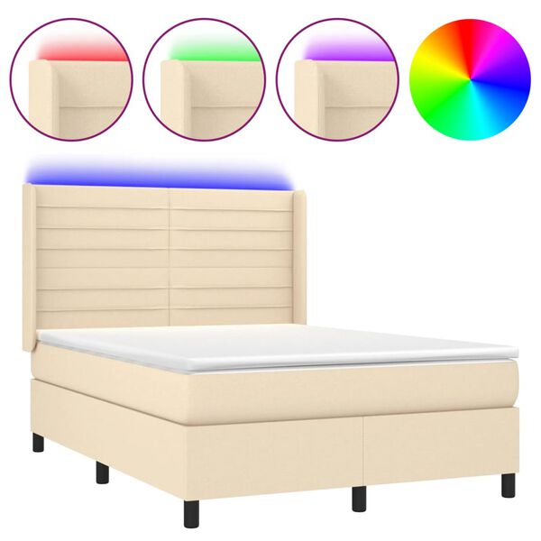 vidaXL Letto a Molle con Materasso e LED Crema 140x200 cm in Tessuto