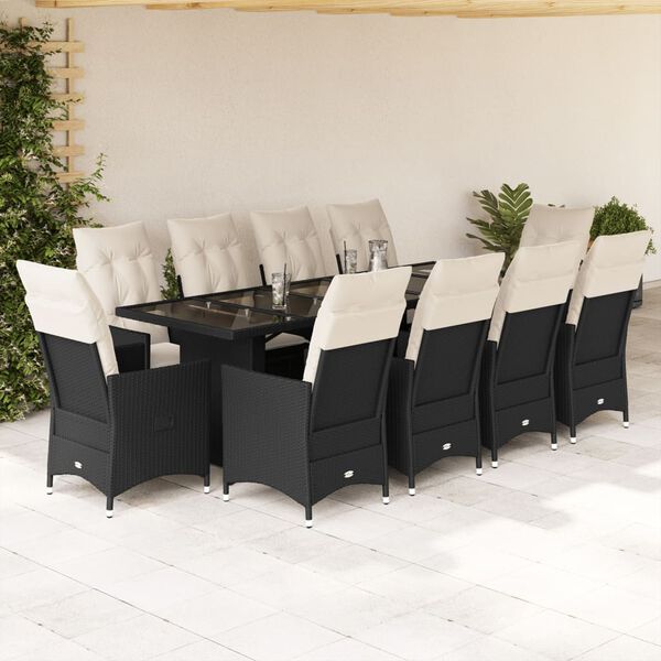 vidaXL Set da Bistr&ograve; da Giardino 11 pz con Cuscini Nero in Polyrattan