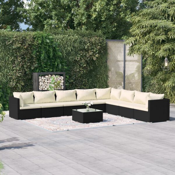 vidaXL Set Salotto da Giardino 9 pz con Cuscini in Polyrattan Nero