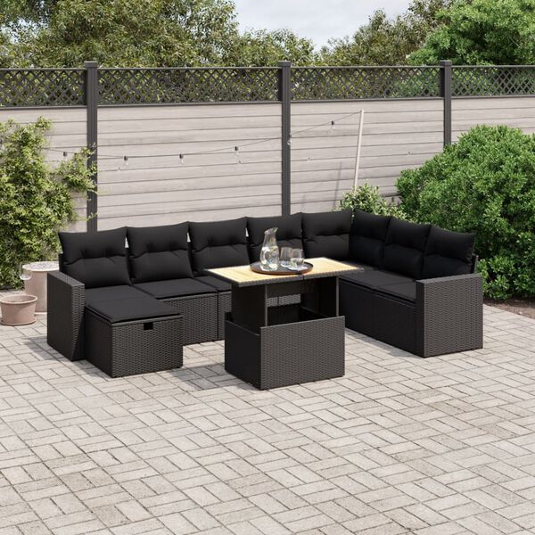 vidaXL Set Divani da Giardino 9 pz con Cuscini Nero in Polyrattan