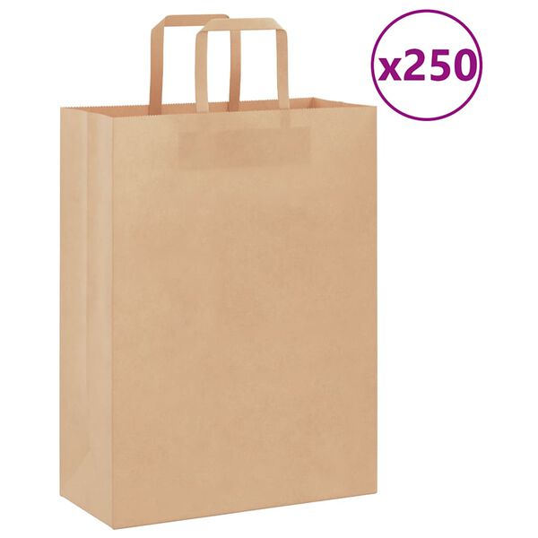 vidaXL Sacchetti di Carta 250 pz con Manici Marrone 26x12x35 cm