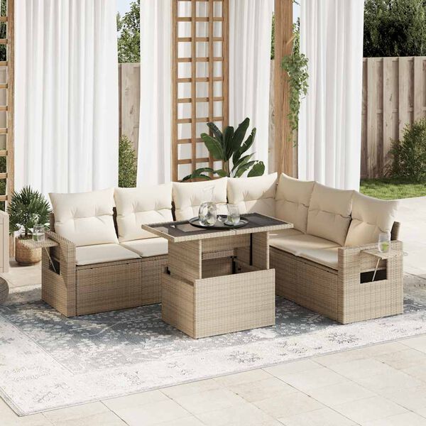 vidaXL Set Divani da Giardino 7 pz con Cuscini Beige in Polyrattan