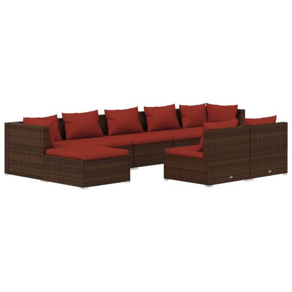 vidaXL Set Divani da Giardino 9 pz con Cuscini in Polyrattan Marrone