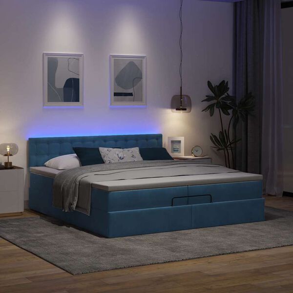 vidaXL Pouf Letto con Materassi e LED Blu Scuro 200x200cm Velluto