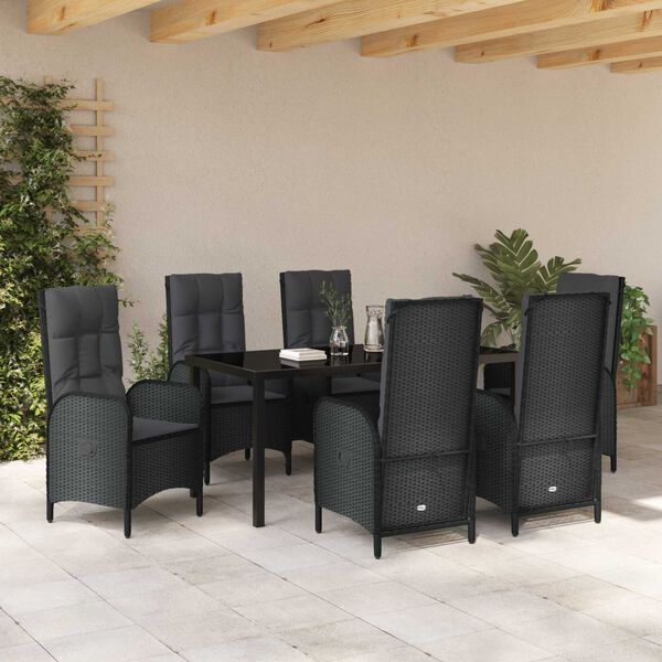 vidaXL Set da Pranzo per Giardino con cuscino 7 pcs Nero polyrattan
