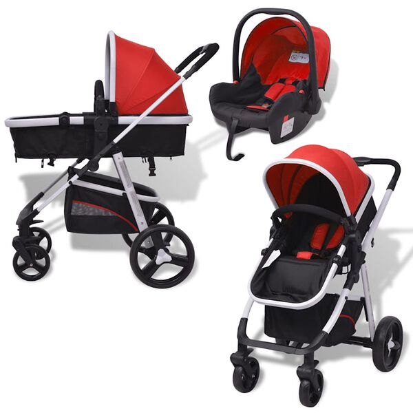 vidaXL Passeggino 3 in 1 in Alluminio Rosso e Nero