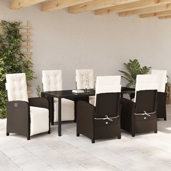 vidaXL Set da Pranzo per Giardino con cuscino 7 pcs Marrone polyrattan