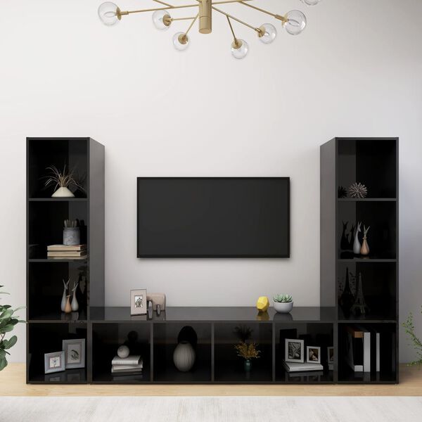 vidaXL Mobili TV 3 pz Nero Lucido 142,5x35x36,5 cm Legno Multistrato