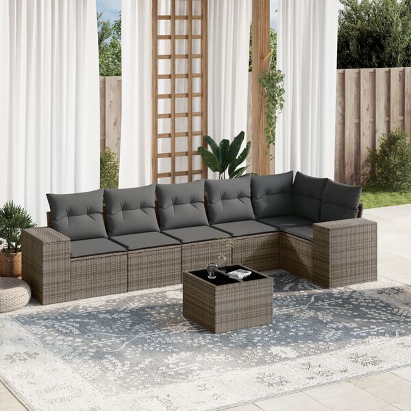 vidaXL Set Divani da Giardino 7 pz con Cuscini Grigio in Polyrattan